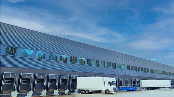 Large industrial building with truck bays
