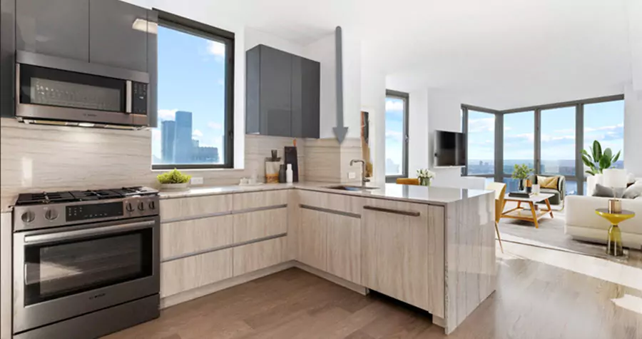 Interior of an high-rise apartment with a kitchen and living room