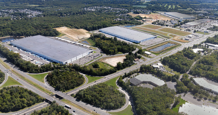 Aerial view of The Crossings, a vast mixed-use redevelopment, and nearby highways